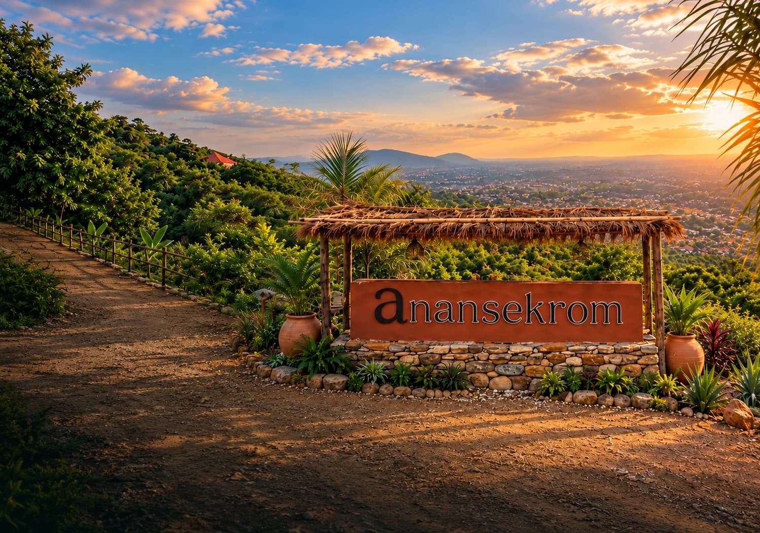 Anansekrom entrance sign beneath a thatched canopy overlooking the green hills and city at sunset