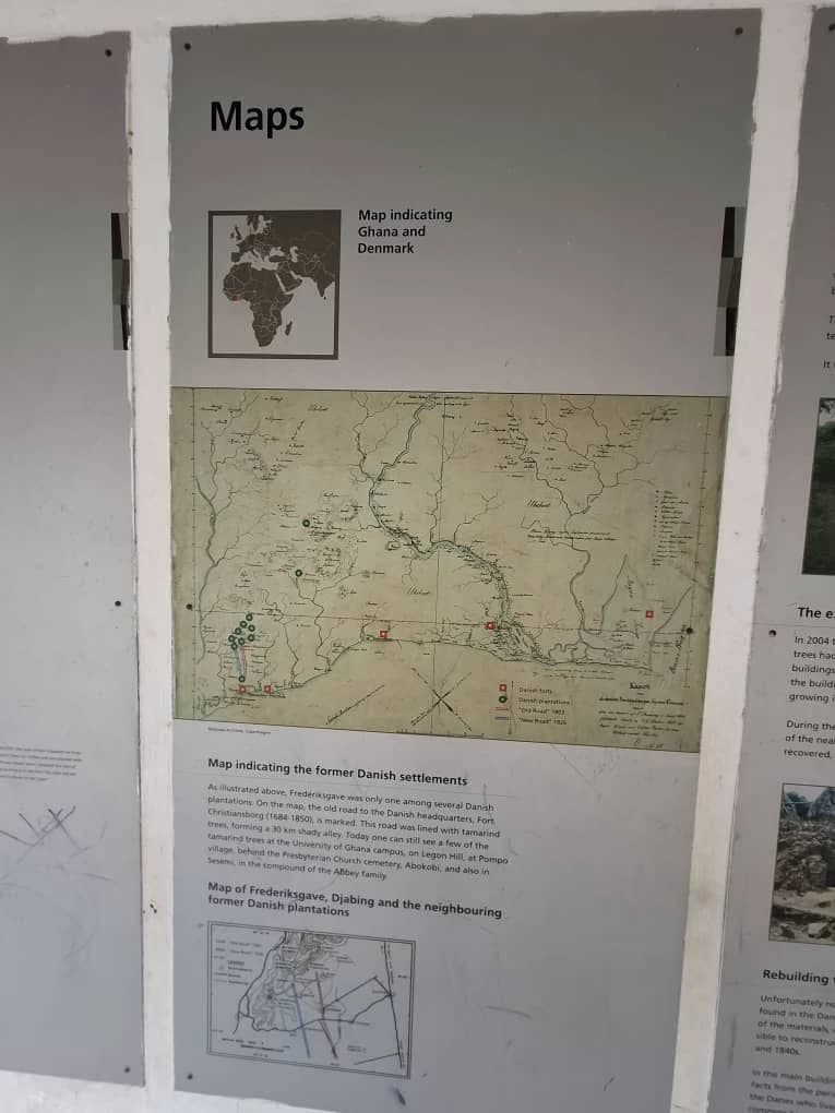 Exhibition maps showing Ghana and Denmark, former Danish settlements, Frederiksgave and Djabing